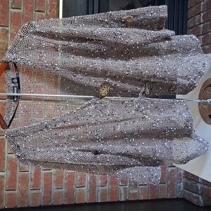 Nina Leonard Tan Woven Knit Top